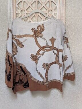 Chico's Equestrian Jacquard Pullover Sweater Size 2 Petite (LG Pet) 3/4 Sleeve